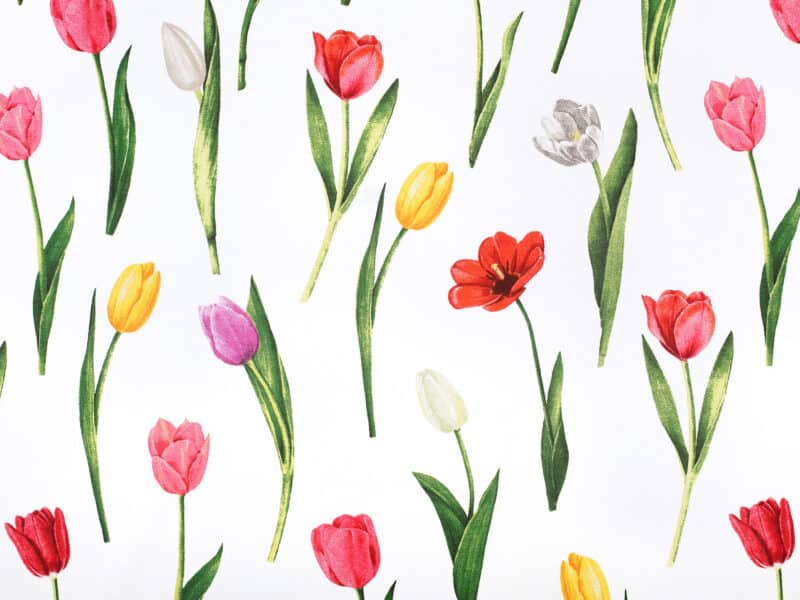 Round cotton tablecloth with tulips on white by Stofex.