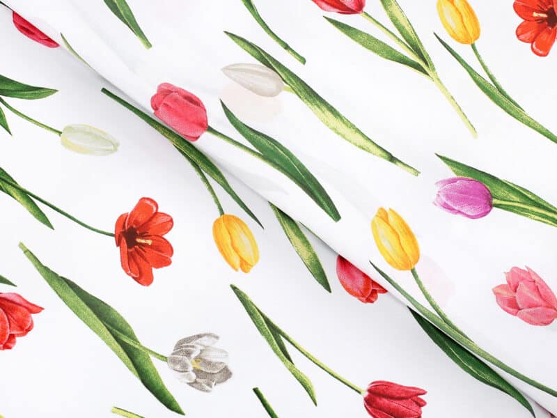 Round cotton tablecloth with tulips on white by Stofex.