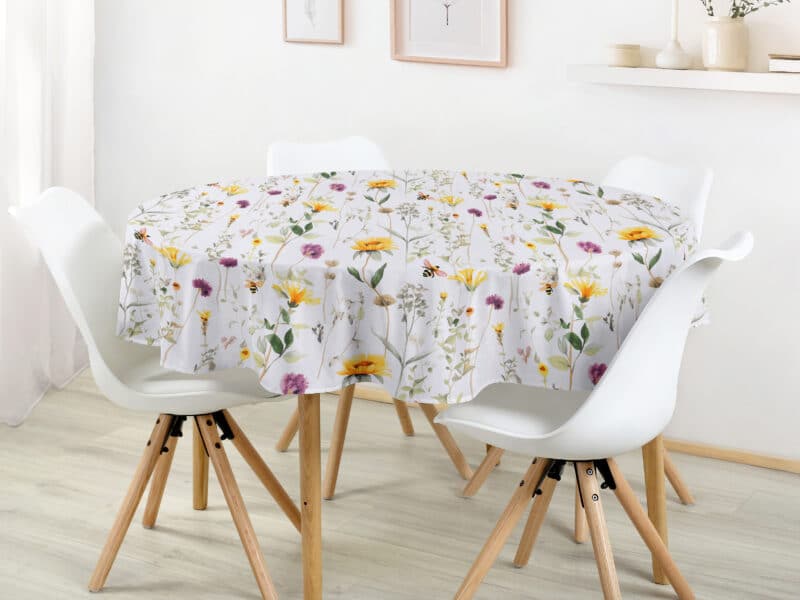 Round cotton tablecloth meadow and bumblebee by Stofex.