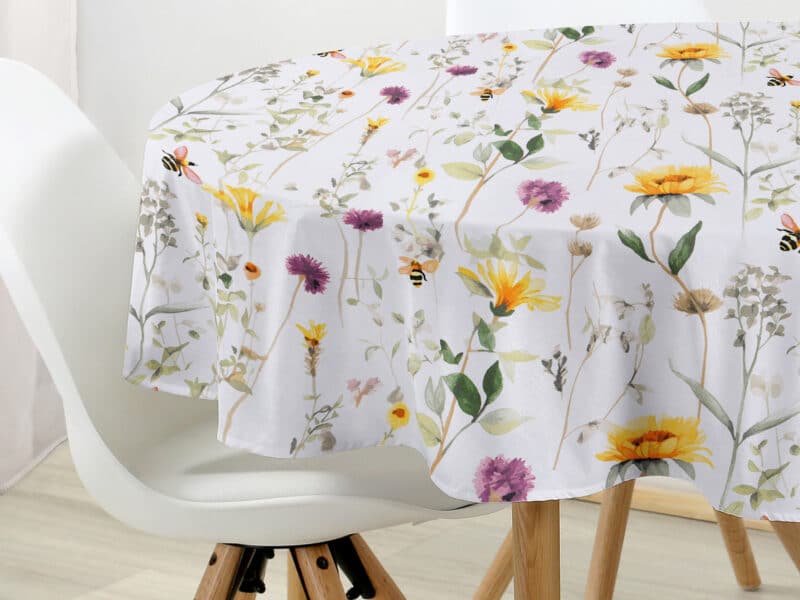 Round cotton tablecloth meadow and bumblebee by Stofex.