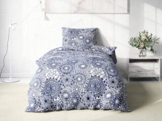 Cotton bed linen dark blue mandalas on white by Stofex.