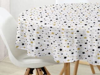 Christmas round cotton tablecloth gold and black stars on white by Stofex.