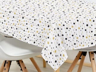 Christmas square cotton tablecloth gold and black stars on white by Stofex.