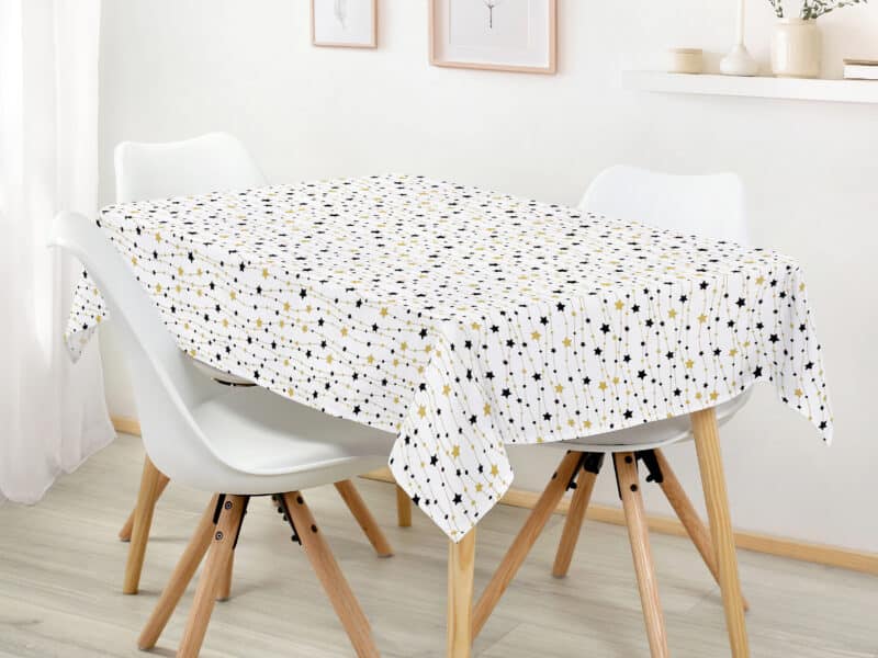 Christmas square cotton tablecloth gold and black stars on white by Stofex.