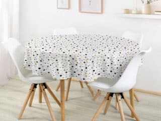 Christmas round cotton tablecloth gold and black stars on white by Stofex.