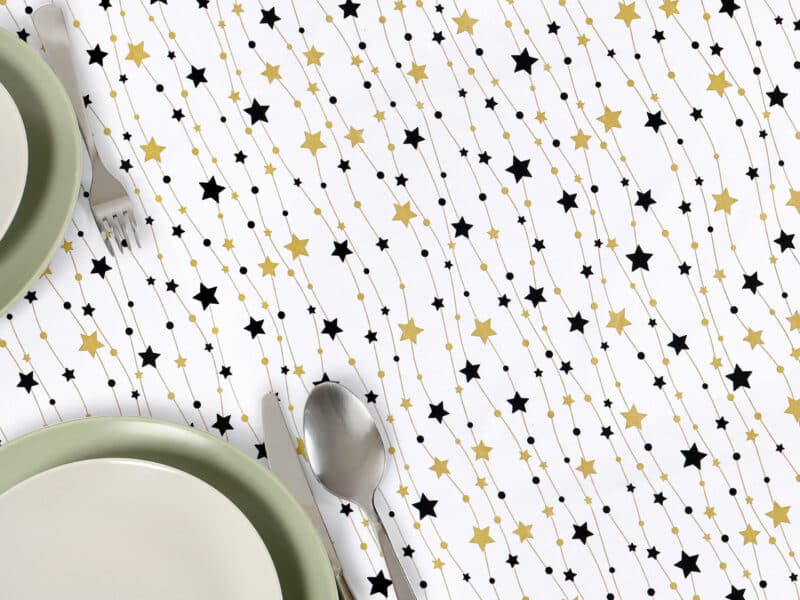 Christmas cotton tablecloth gold and black stars on white by Stofex.