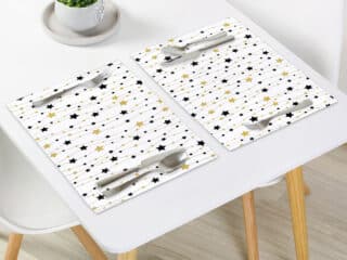 Christmas cotton placemat gold and black stars on white by Stofex.