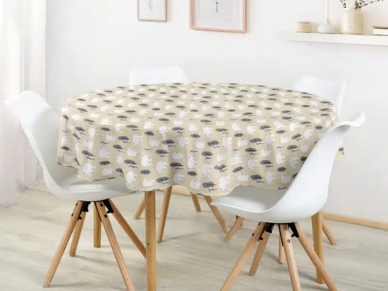 Christmas round cotton tablecloth polar bear on beige by Stofex.