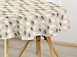 Christmas oval cotton tablecloth polar bear on beige by Stofex.