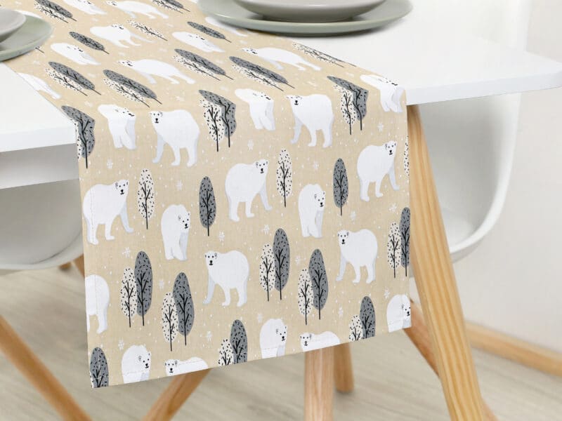 Christmas cotton table runner polar bear on beige by Stofex.