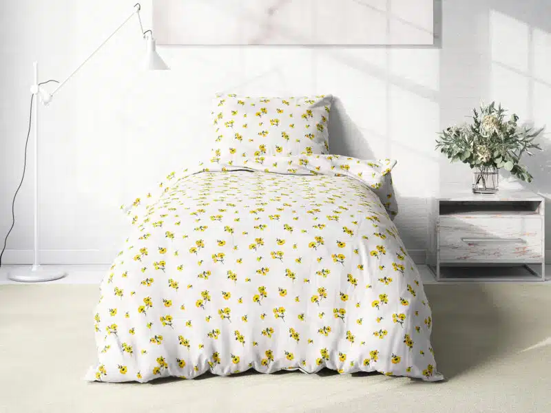 Cotton bed linen yellow flowers on white by Stofex.