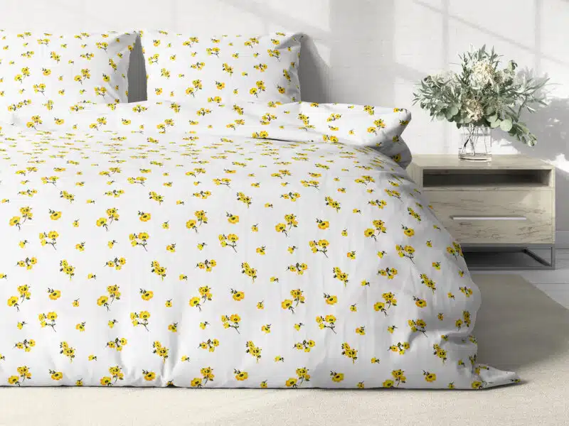 Cotton bed linen yellow flowers on white by Stofex.