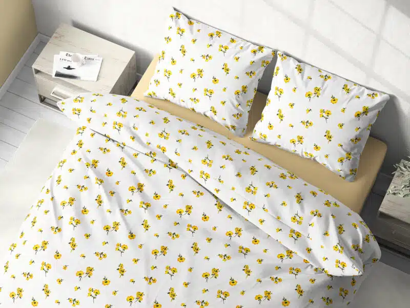 Cotton bed linen yellow flowers on white by Stofex.