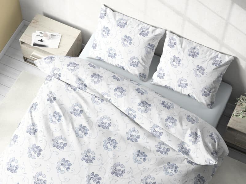 Cotton bed linen blue ornaments on white by Stofex.