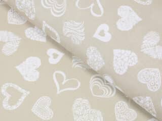 Teflon fabric white heart on greige width 155 cm by Stofex.