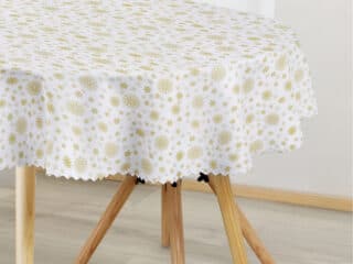 Christmas Teflon oval tablecloth golden snowflakes by Stofex.