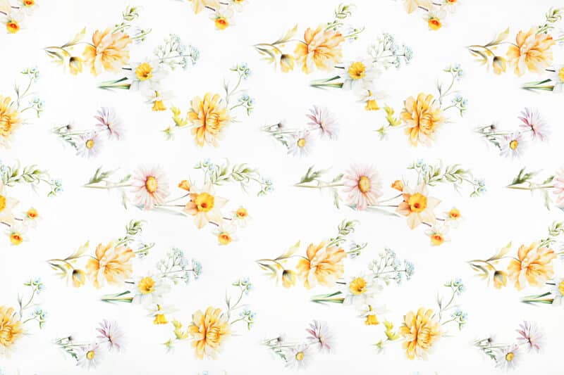 Teflon fabric spring flowers on white width 145 cm by Stofex.