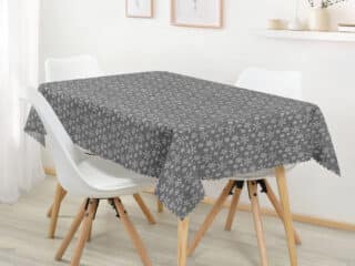 Christmas Teflon square tablecloth silver snowflakes on grey by Stofex.