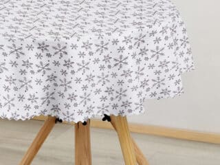 Christmas Teflon round tablecloth snowflakes on white by Stofex.