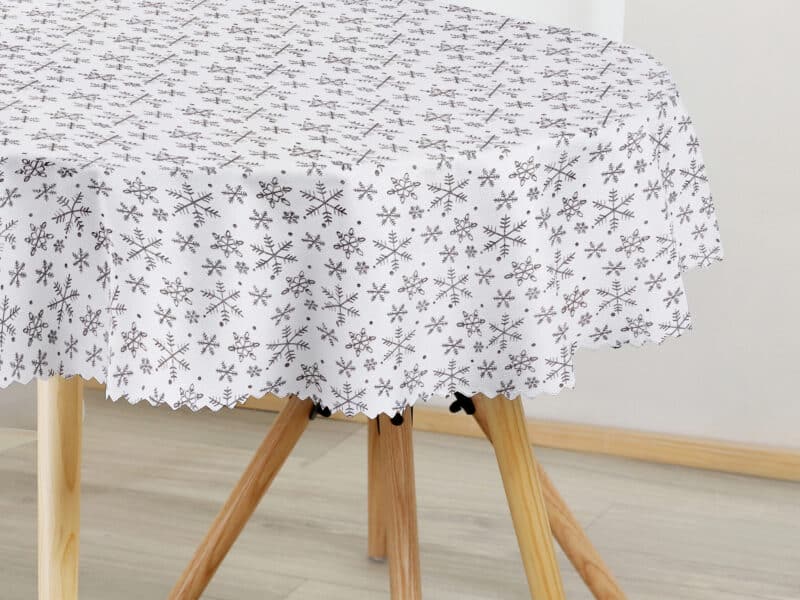 Christmas Teflon oval tablecloth snowflakes on white by Stofex.