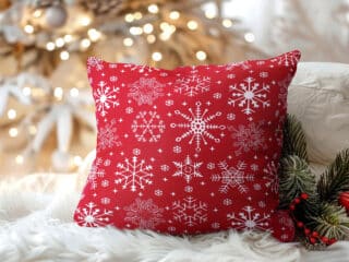 Christmas cotton pillowcase snowflakes on red by Stofex.