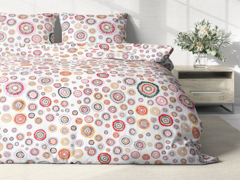 Flannel bed linen colourful circles on white by Stofex.