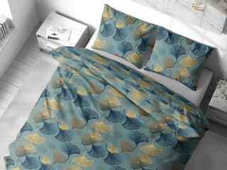 Flannel bed linen golden ginkgo on petrol by Stofex.