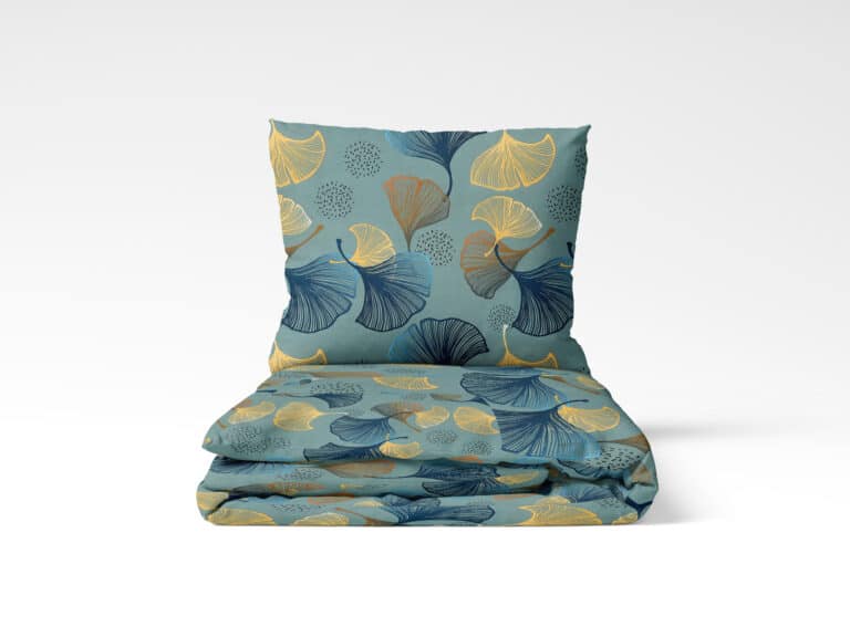 Flannel bed linen golden ginkgo on petrol by Stofex.