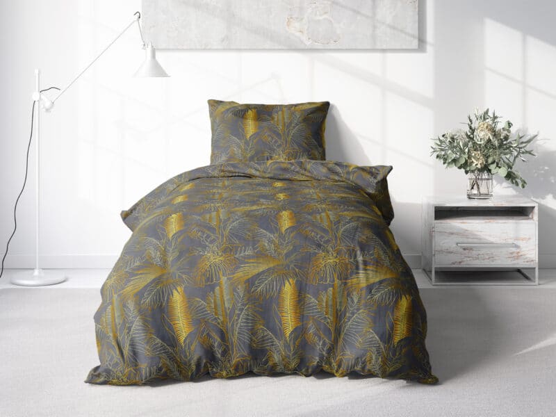 Flannel bed linen golden leaves on grey by Stofex.