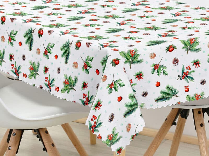 Christmas Teflon square tablecloth holly with pine cone by Stofex.