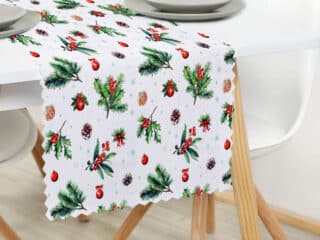 Christmas Teflon table runner holly with pine cone by Stofex.