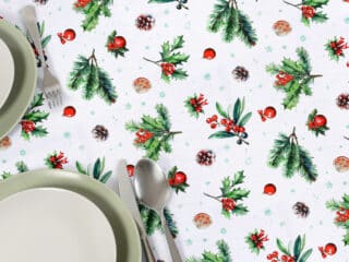 Christmas Teflon tablecloth holly with pine cone by Stofex.