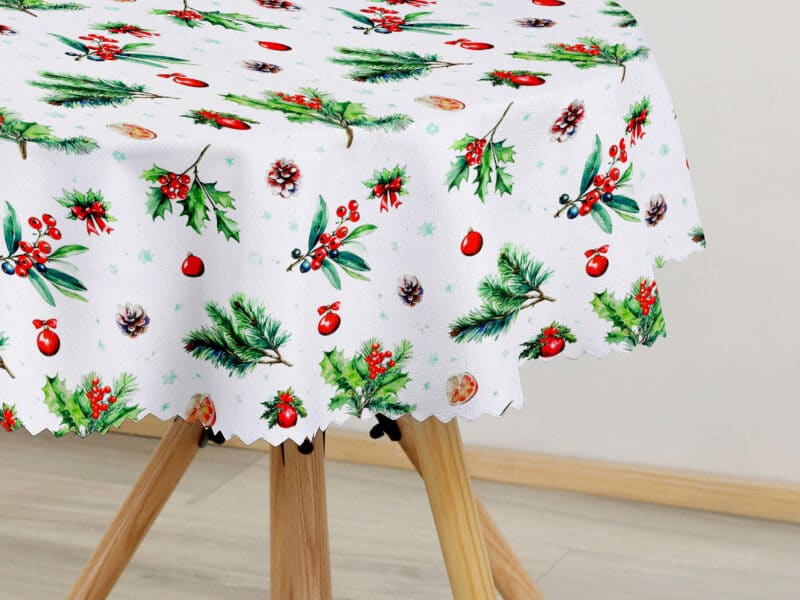 Christmas Teflon round tablecloth holly with pine cone by Stofex.