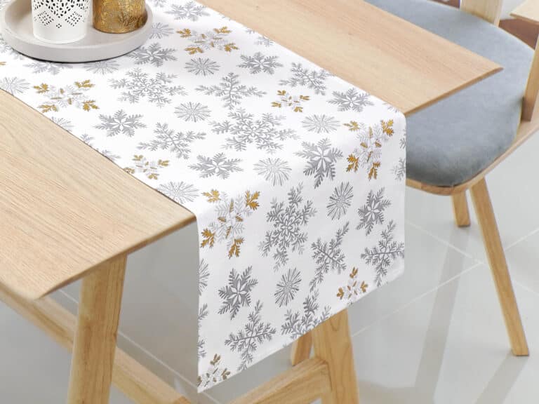 Christmas cotton table runner snowflakes on white by Stofex.