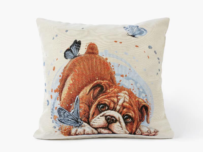 Tapestry pillowcase bulldog puppy on beige by Stofex.